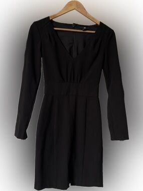 H&M Black Long-Sleeve V-Neck Mini Dress Gold Zip Sleeve Fitted | Size 2